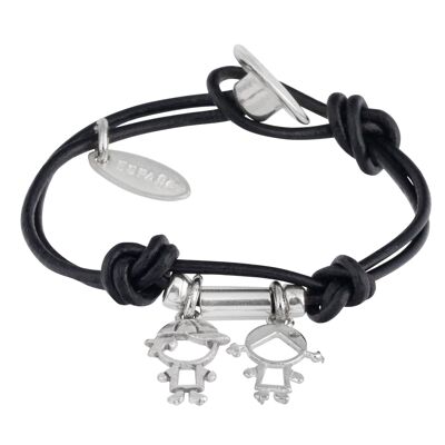 Silver boy and girl charm leather bracelet