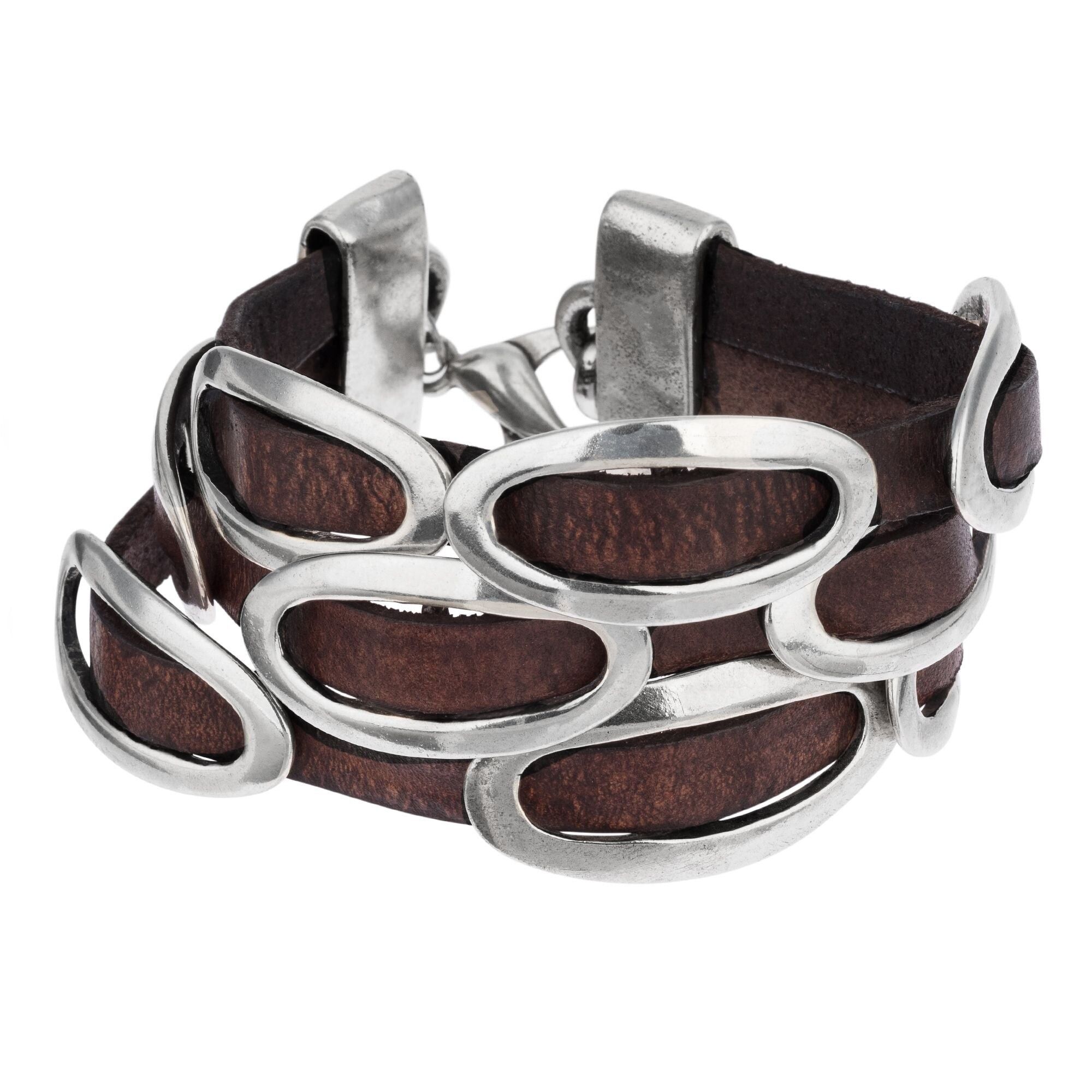 Bracciale con tripla fibbia in argento e pelle marrone