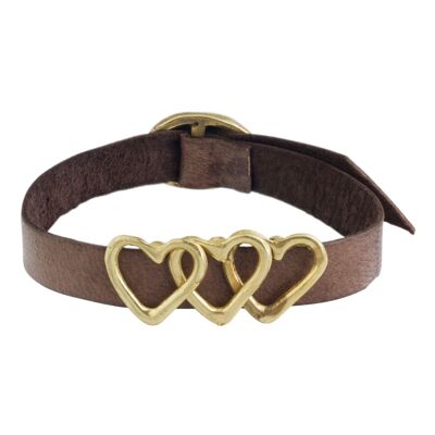 Goldenes braunes Lederarmband mit dreifacher Herzschnalle