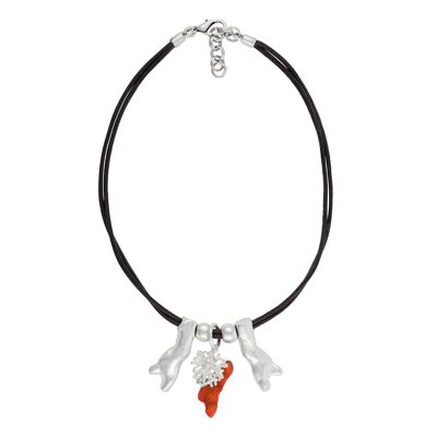 Black choker "Natural Coral" silver plated