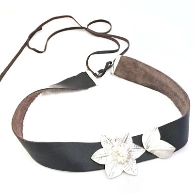 Wide black-plated silver and leather belt