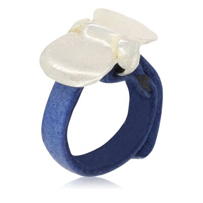 Anello "lazo" in pelle e argento 925 placcato argento-blu