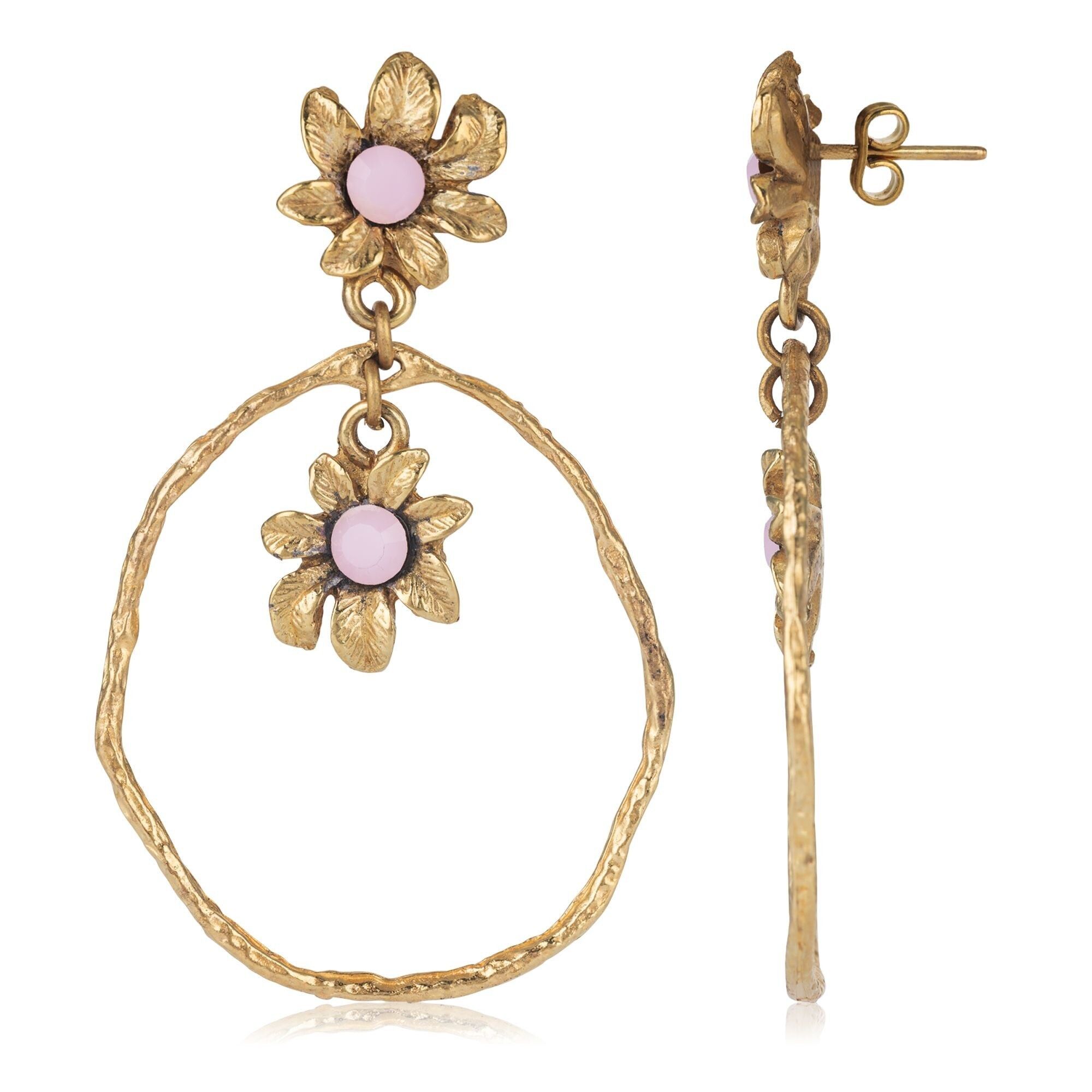 Orecchino doppio fiore a cerchio in alabastro rosa oro