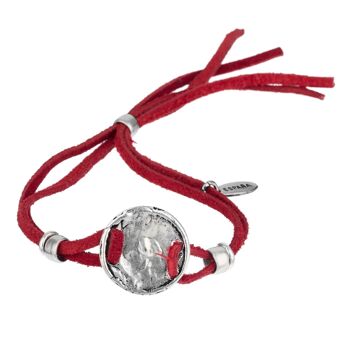 Bracelet ajustable en cuir plaqué rouge et argent "Face" 1