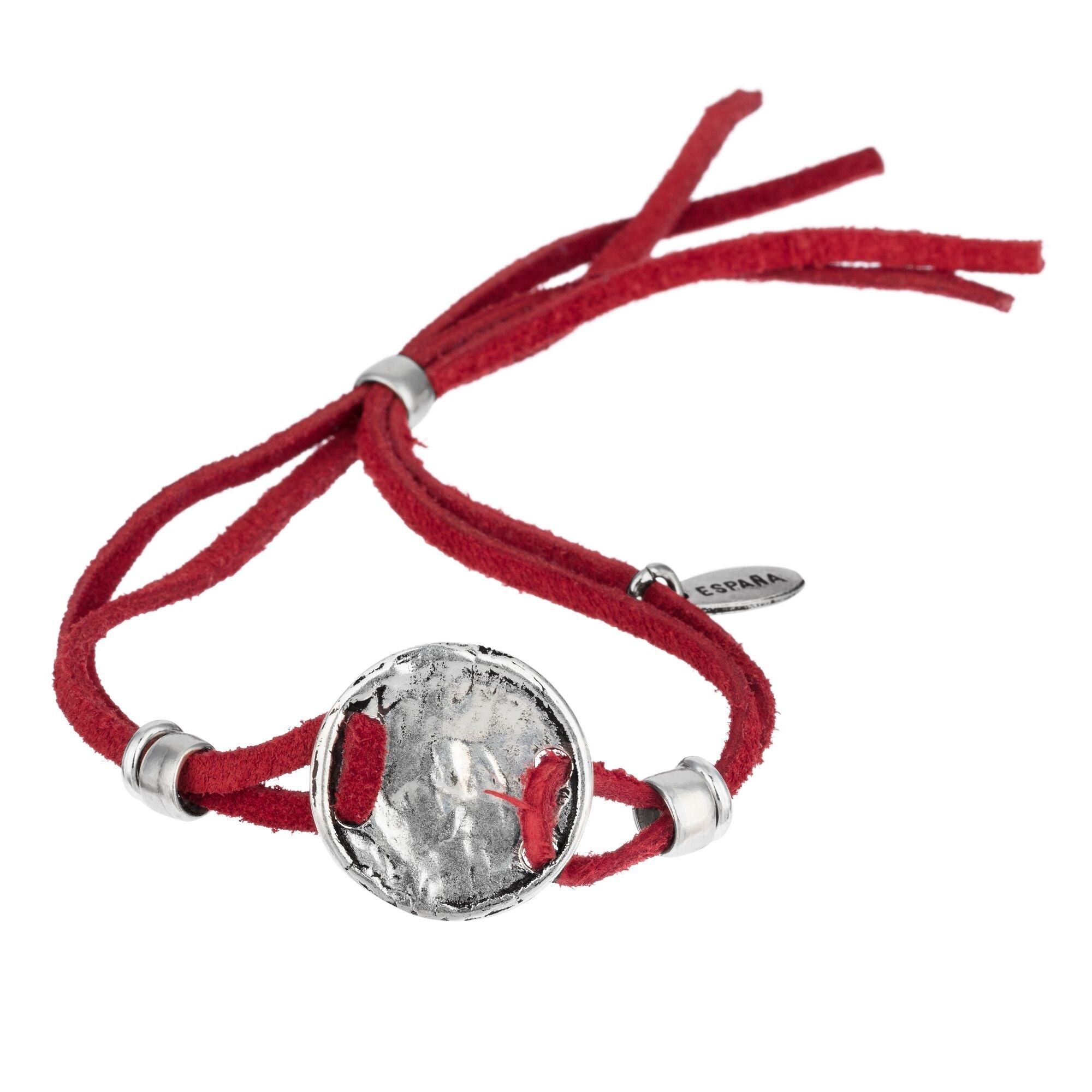 Bracciale regolabile in pelle placcata argento e rossa "Face"