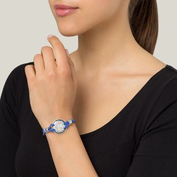 Bracelet ajustable en cuir plaqué bleu et argent "Face" 2