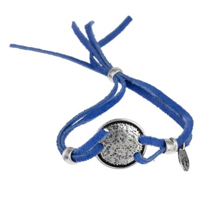 Bracelet ajustable en cuir plaqué bleu et argent "Face"