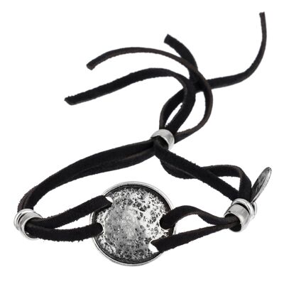 Adjustable leather and silver plated bracelet "Face"