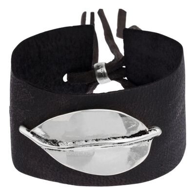 Brazalete piel y plata "Leaf" piel negro y plata