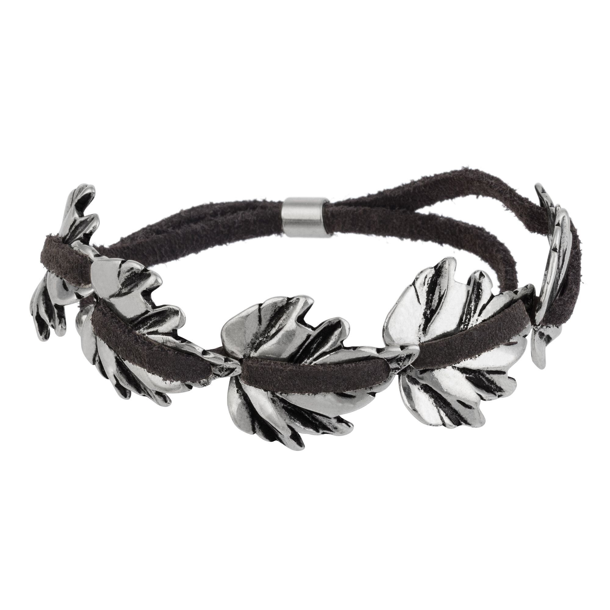Bracciale multifoglia regolabile in pelle e argento placcato