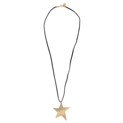 Lange Halskette Großer goldener Stern aus schwarzem Leder 80 cm