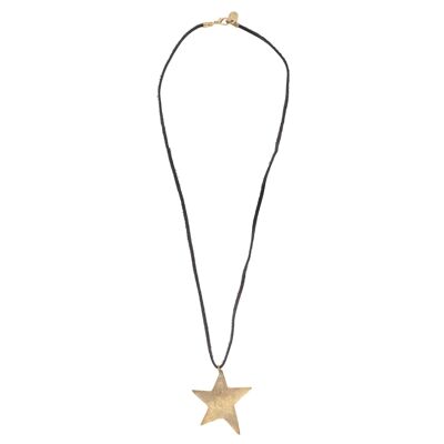 Long necklace Big golden star black leather 80cm