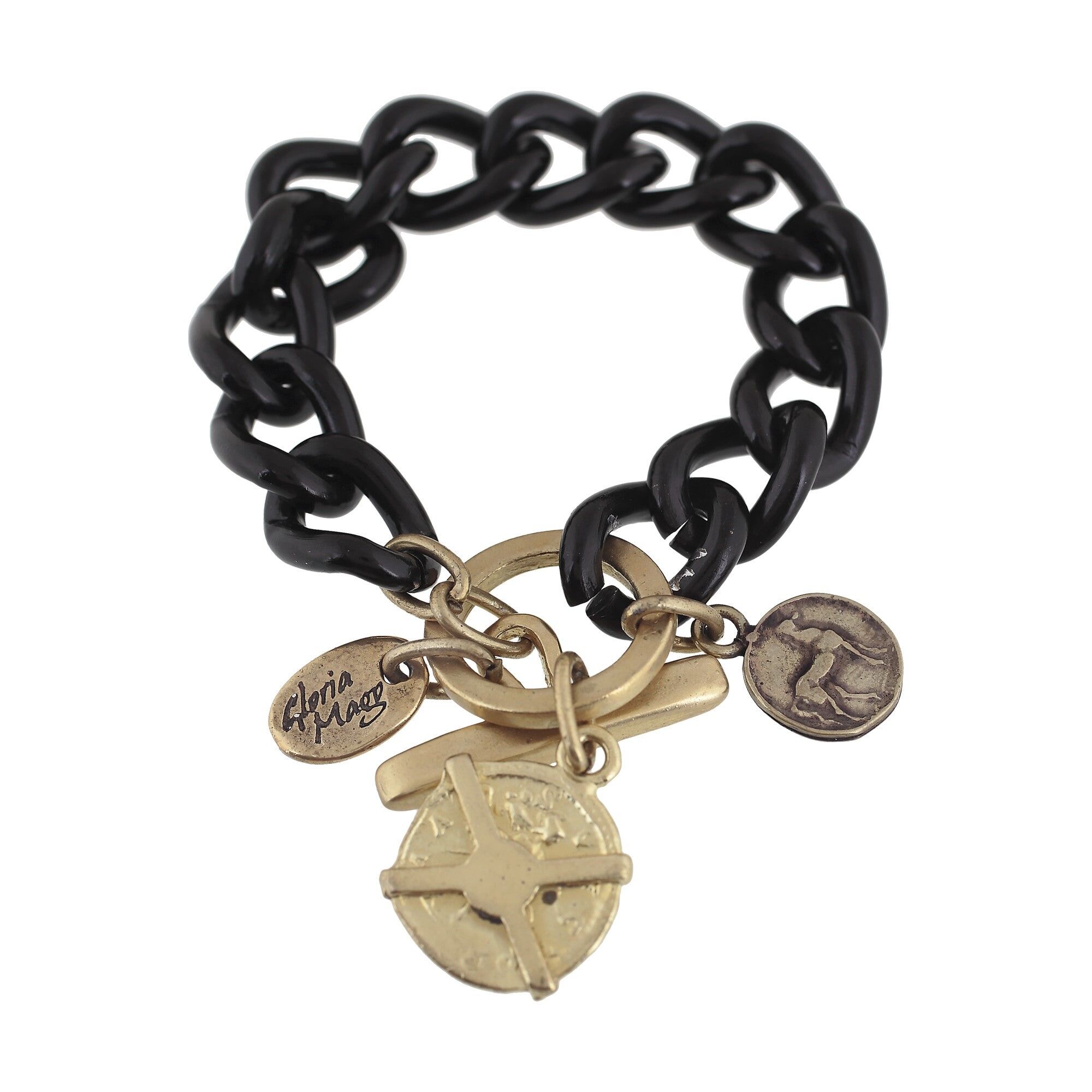 Bracciale catena nera con chiusura centrale e charms