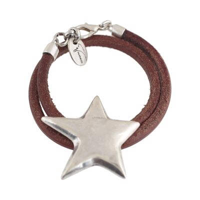 Double star silver leather bracelet 6mm