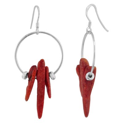 Boucle d'oreille Rouge argent et corail en argent massif