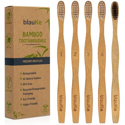 Juego de cepillo de dientes de bambú con cerdas medianas (paquete de 5), ecológico y biodegradable