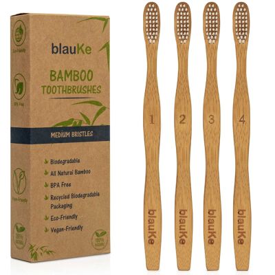 Juego de cepillo de dientes de bambú con cerdas medianas - Paquete de 4 cepillos de dientes biodegradables