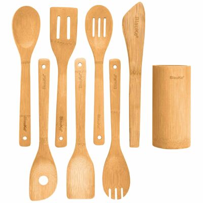 Juego de utensilios de cocina de bambú, paquete de 8 - Juego de utensilios de cocina de madera para utensilios de cocina antiadherentes