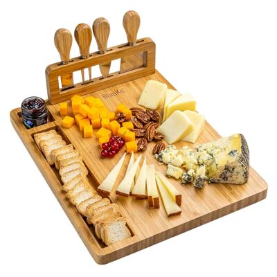 Bamboo Cheese Board and Knife Set - 35x28cm Charcuterie Board with 4 Cheese Knives