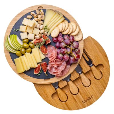 30cm Round Bamboo Cheese Board with Knife Set and Removable Slate