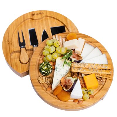 Round Bamboo Cheese Board With Cutlery Set And Slide-Out Drawer