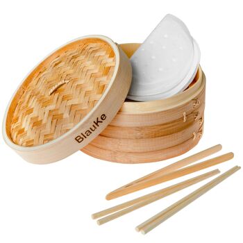 Panier à vapeur en bambou fait à la main 10 pouces avec 2 paniers, 2 paires de baguettes, pinces et 50 doublures 1