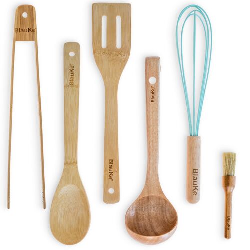 BlauKe Bamboo Cooking Utensils Set of 6 - Wooden Kitchen Ute