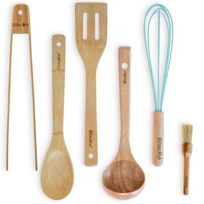 Utensilios de cocina de madera, juego de 6 - Utensilios de cocina de bambú para utensilios de cocina antiadherentes