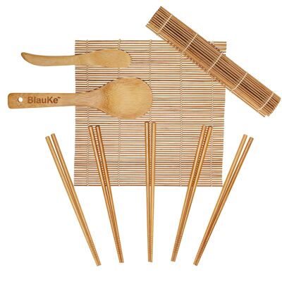 Sushi-Set aus Bambus mit 2 Rollmatten, Stäbchen, Reispaddel und Streuer