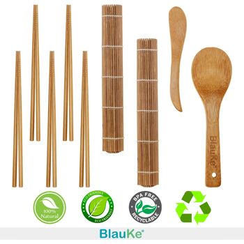 Kit de fabrication de sushis en bambou avec 2 tapis roulants, baguettes, palette de riz et épandeur 2