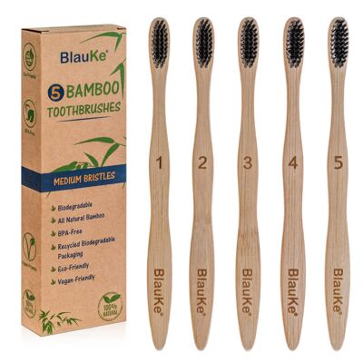 Juego de cepillo de dientes de bambú con cerdas medianas de carbón (paquete de 5), ecológico y biodegradable