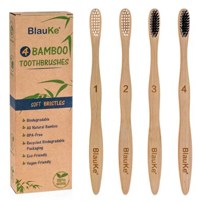 Juego de 4 cepillos de dientes de bambú - Cepillos de dientes de bambú con cerdas suaves - Ecológicos y biodegradables