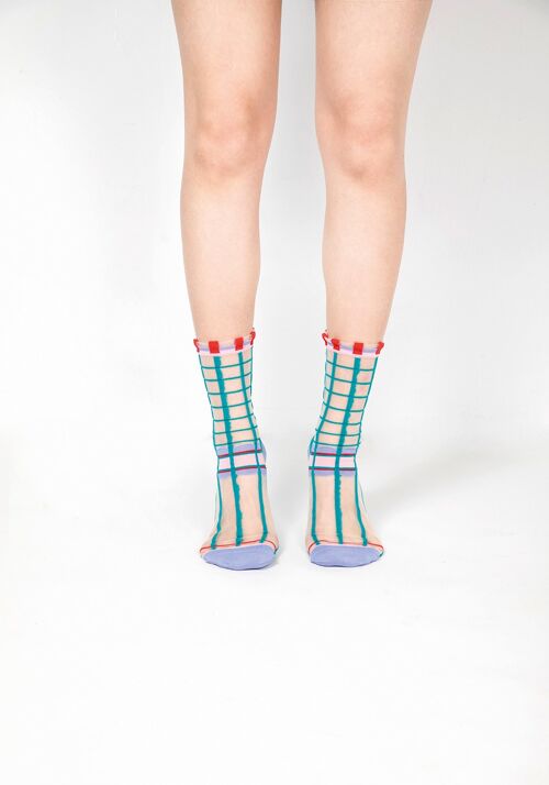 Polka Dot & Grid Sheer Socks (Teal Green)