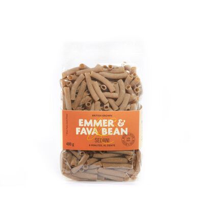 British grown Emmer & Fava Bean Sedani Rigati, 400g compostable bags, Box of 10.