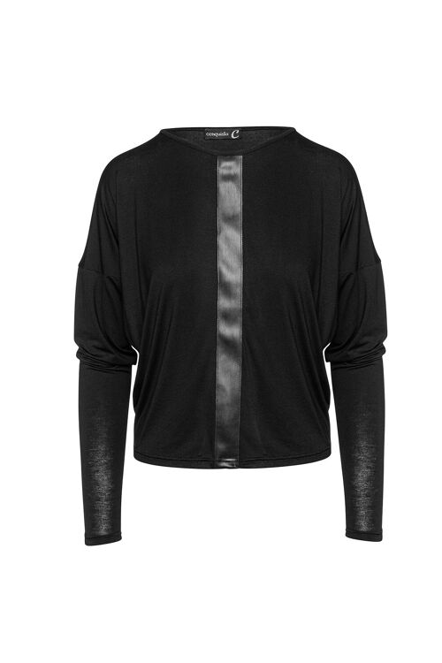 Black Batwing Top with Faux Leather Detail