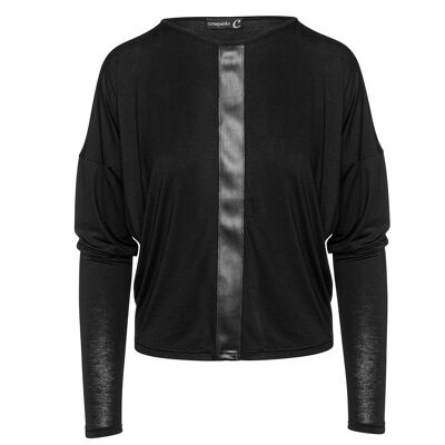 Black Batwing Top with Faux Leather Detail