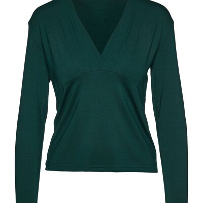 Green Long Sleeve Faux Wrap Top in Stretch Jersey Sustainable Fabric