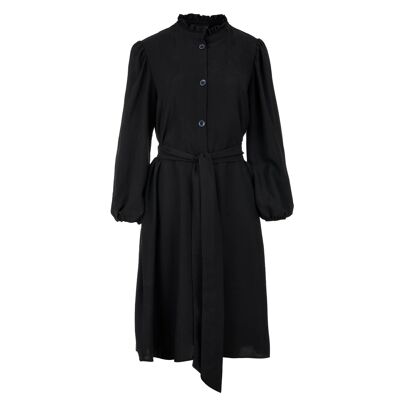 Belted Long Sleeve Black Dress