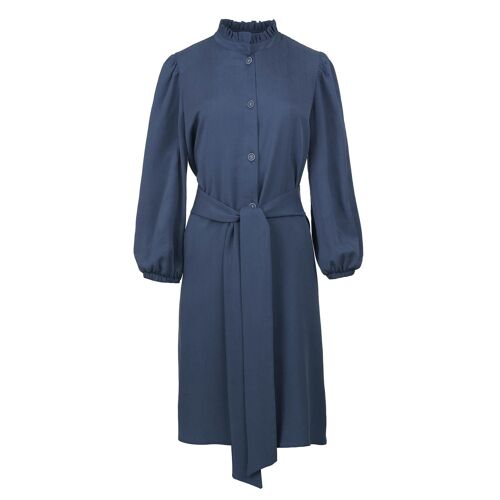 Belted Long Sleeve Indigo Dress in Tencel