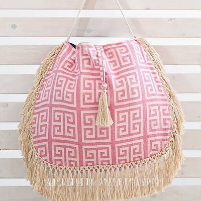 Beach bag meandros pink extra ecru fringe