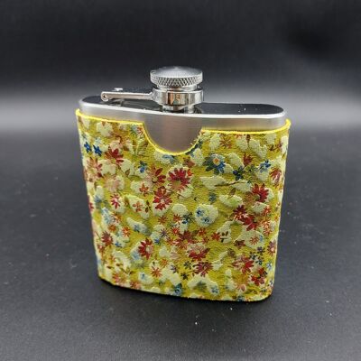 Stainless steel flask, 6oz-180ml capacity, 100% natural leather flask with flower print. Opplav woodstock. Yellow leather.