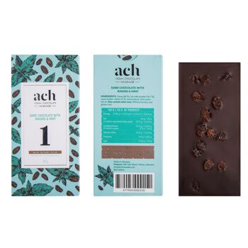 Chocolat noir aromatisé à la menthe biologique (73%) avec raisins secs 1