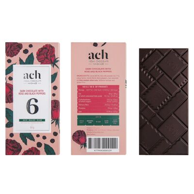 Chocolate negro orgánico (73%) con pétalos de rosa y pimienta negra
