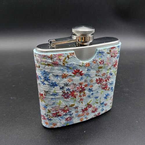 Stainless steel flask, 6oz-180ml capacity, 100% natural leather flask with flower print. Opplav woodstock. Blue leather.