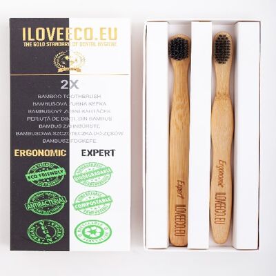 Cepillos de dientes de bambú Ergonomic + Expert, paquete doble
