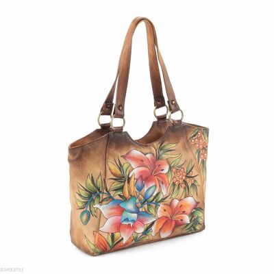 Sac shopping en cuir peint à la main Picta Manu # LB20 Baie florale