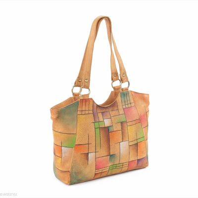 Bolso shopper de cuero pintado a mano Picta Manu # LB20 Cuadrado abstracto