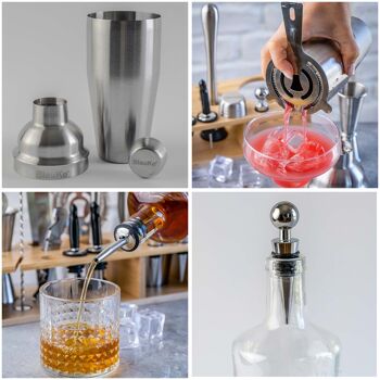 Ensemble shaker à cocktail avec support – Kit de barman mixologie 17 pièces : shaker à martini de 750 ml, doseur, passoire, pilon, cuillère à mélanger, pinces – Accessoires de bar en acier inoxydable, outils pour mélanger les boissons 9