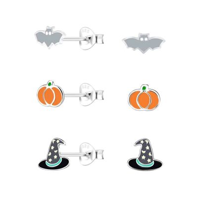 Juego de 3 pares de aretes de plata de ley para niños con temática espeluznante de Halloween