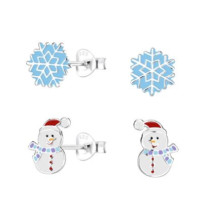 Lot de 2 paires de boucles d'oreilles clous d'oreilles bonhomme de neige et flocon de neige pour enfants en argent sterling